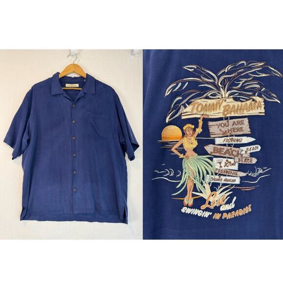 Tommy Bahama Embroidered "Lost and Swingin" Silk Camp Shirt XL Hawaiian Blue - Picture 1 of 8
